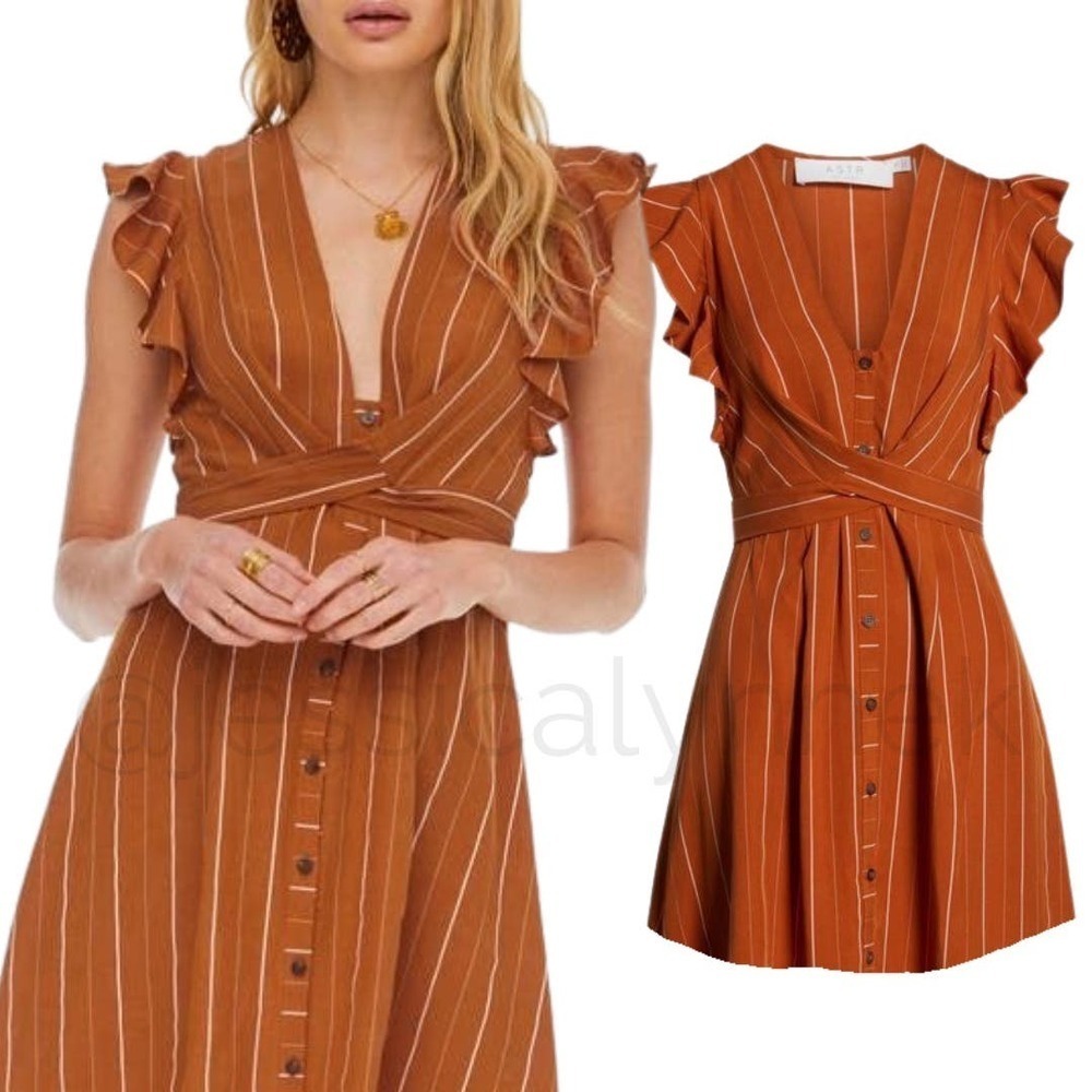 Revolve Striped Linen Blend Button Front Ruffle S… - image 1